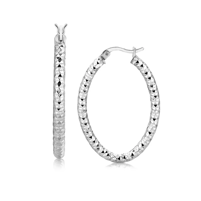 MayaMila Earrings Sterling Silver Diamond Cut Textured Oval Hoop Earrings with Rhodium Plating MayaMila Earrings Sterling Silver Diamond Cut Textured Oval Hoop Earrings with Rhodium Plating