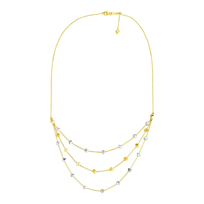 MayaMila Necklaces 14k Tri Color Gold Three Part Necklace with Polished Cubes MayaMila Necklaces 14k Tri Color Gold Three Part Necklace with Polished Cubes