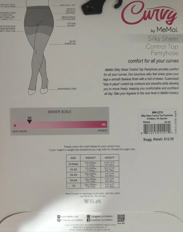 Memoi Curvy Silky Sheer Control Top 20 Denier Stockings Honey MM2210 Memoi Earrings