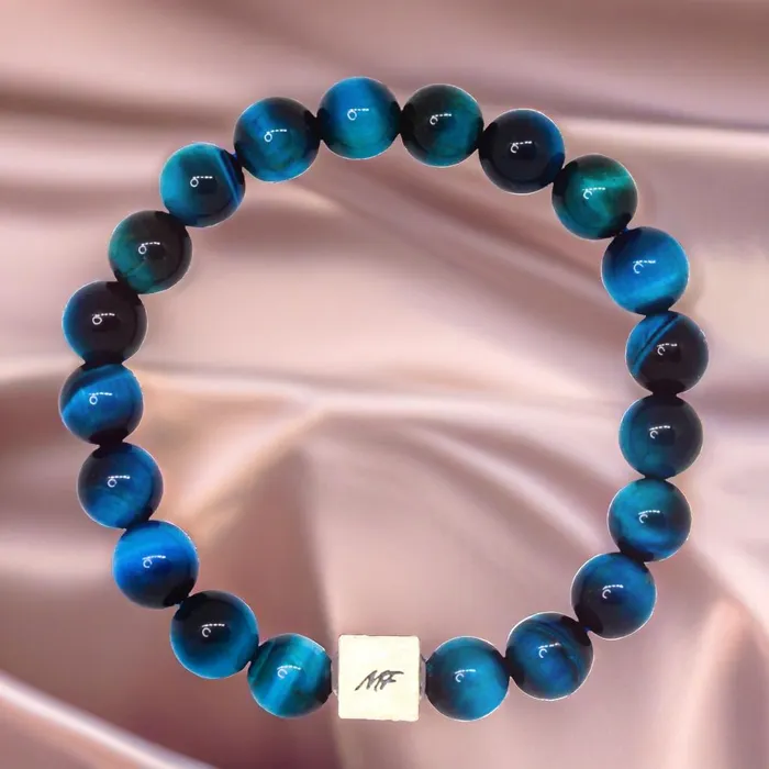 MF Bracelets Blue Tiger Eye Infinity Silver Bead Bracelet 8 MM