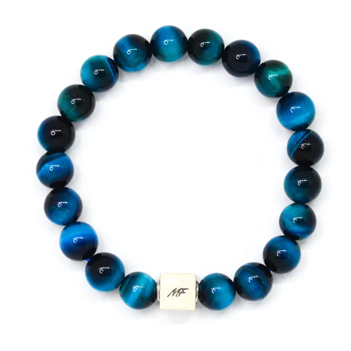 MF Bracelets Blue Tiger Eye Infinity Silver Bead Bracelet 8 MM