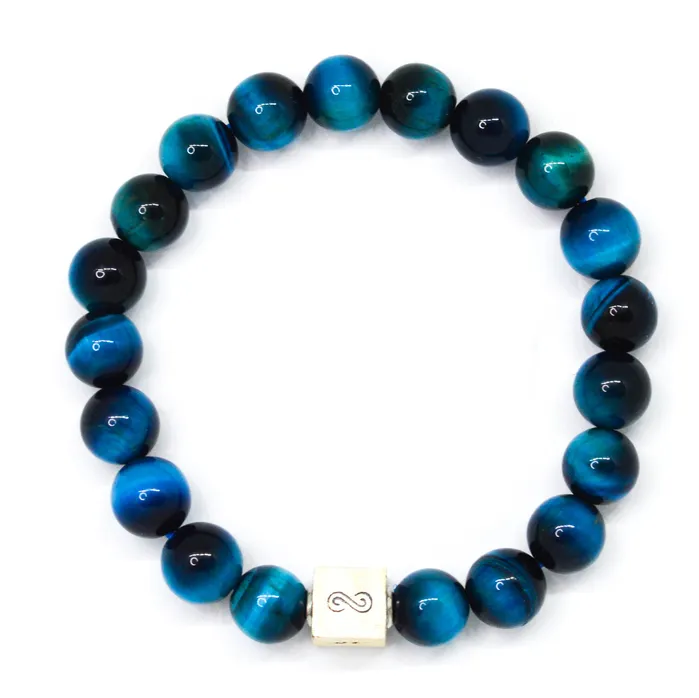 MF Bracelets Blue Tiger Eye Infinity Silver Bead Bracelet 8 MM