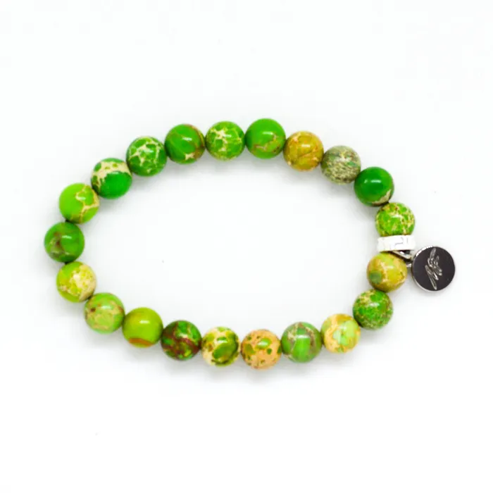 MF Bracelets Olive Green Jasper Flat Silver Bead Bracelet 8 MM