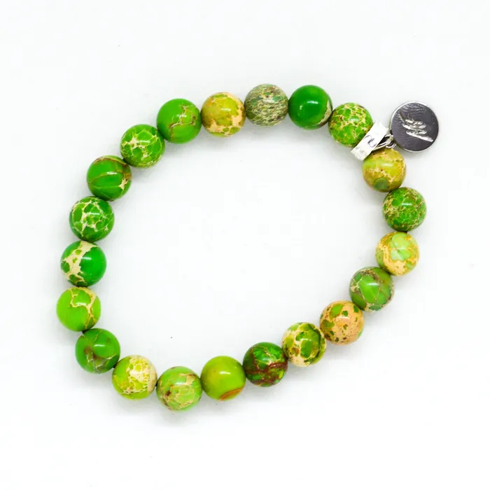 MF Bracelets Olive Green Jasper Flat Silver Bead Bracelet 8 MM