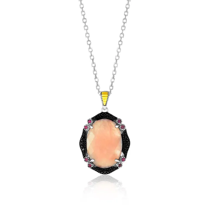 Necklaces 18k Yellow Gold Sterling Silver Quartz Rhodolite and Diamond Oval Pendant MayaMila Necklaces 18k Yellow Gold Sterling Silver Quartz Rhodolite and Diamond Oval Pendant MayaMila