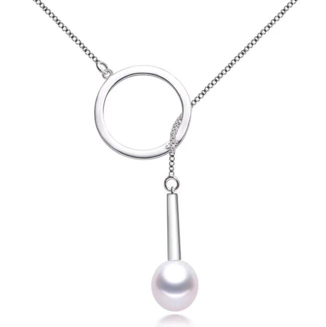 Necklaces Circle au Pearl Pendant Lariat Silver Necklace Mystic Flavia