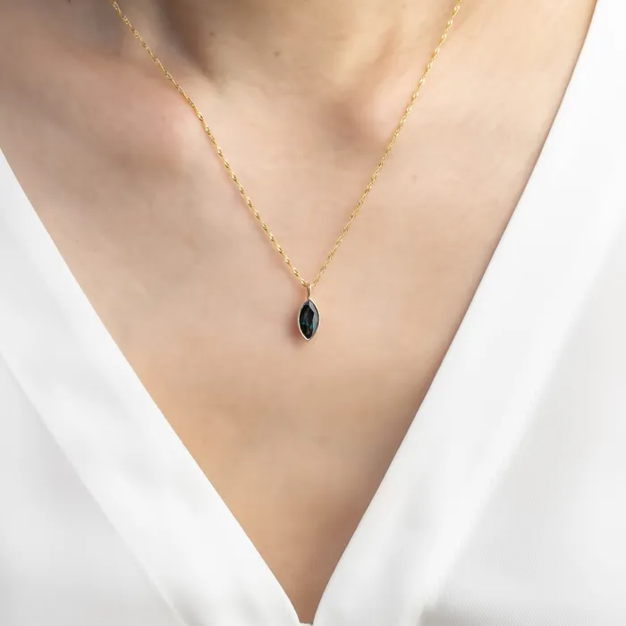 Necklaces Envero Jewelry Patia Bezel Necklace 092ct Deep Blue Marquise Sapphire 14k Yellow Gold One of a kind