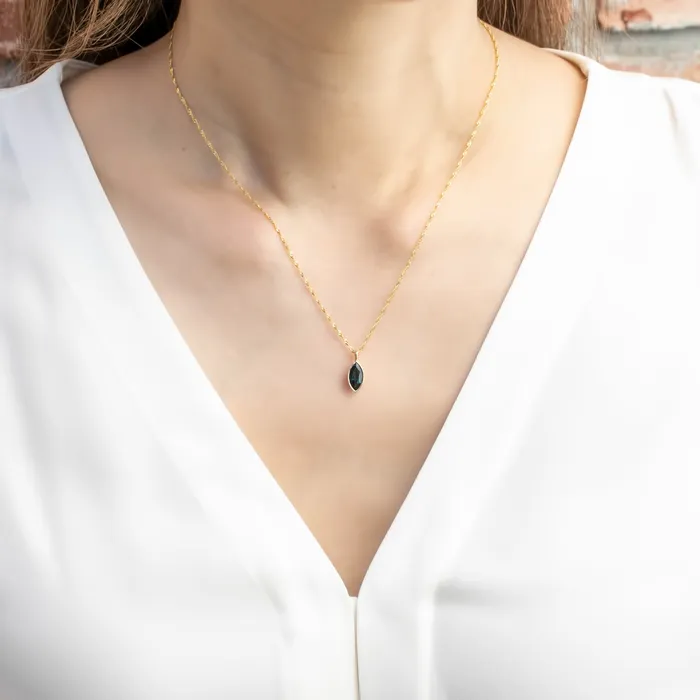 Necklaces Envero Jewelry Patia Bezel Necklace 092ct Deep Blue Marquise Sapphire 14k Yellow Gold One of a kind
