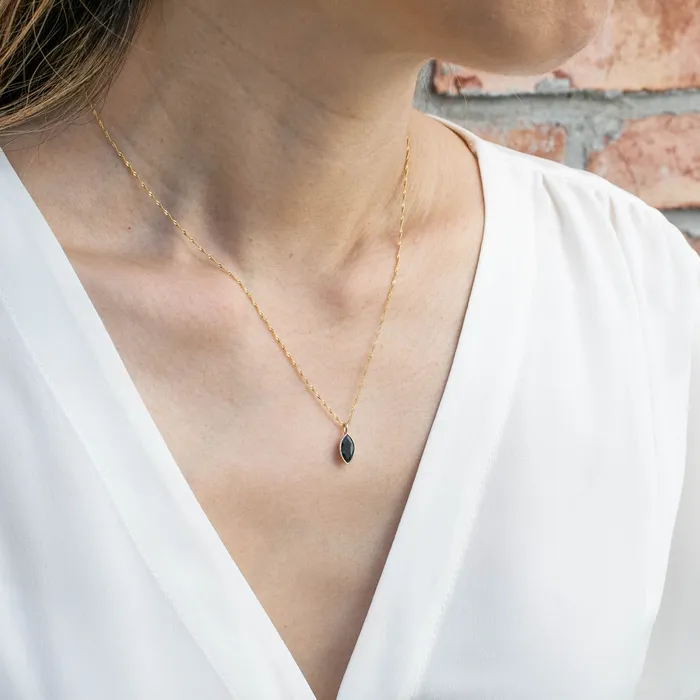 Necklaces Envero Jewelry Patia Bezel Necklace 092ct Deep Blue Marquise Sapphire 14k Yellow Gold One of a kind