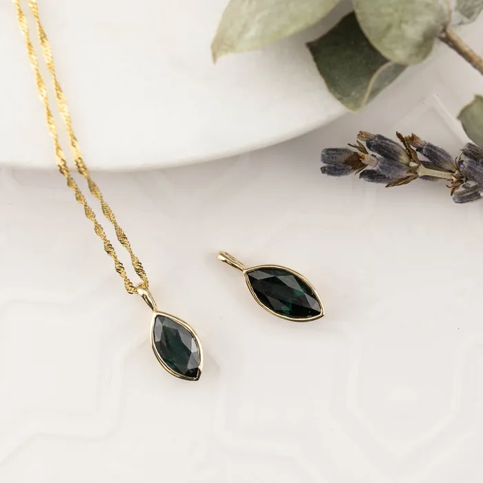 Necklaces Envero Jewelry Patia Bezel Necklace 092ct Deep Blue Marquise Sapphire 14k Yellow Gold One of a kind