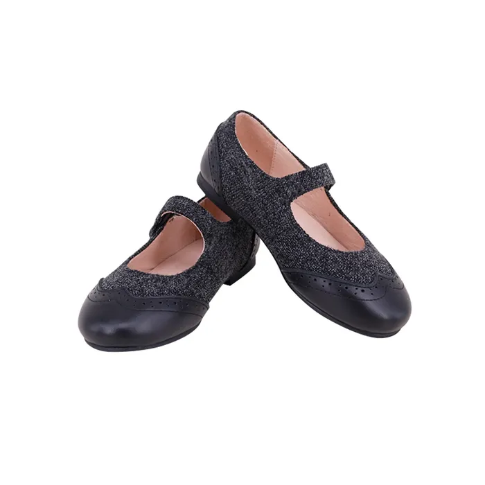 Perroquet Girls Gray Tweed Wingtip Mary Jane with Black Leather GrayBlack Perroquet Shoes Necklaces