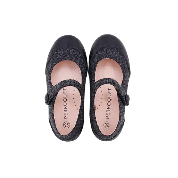 Perroquet Girls Gray Tweed Wingtip Mary Jane with Black Leather GrayBlack Perroquet Shoes Necklaces