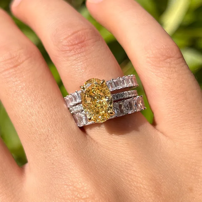 Rings Carly Jewelry 3 Pcs Yellow Oval Cut Sterling Silver Bridal Set