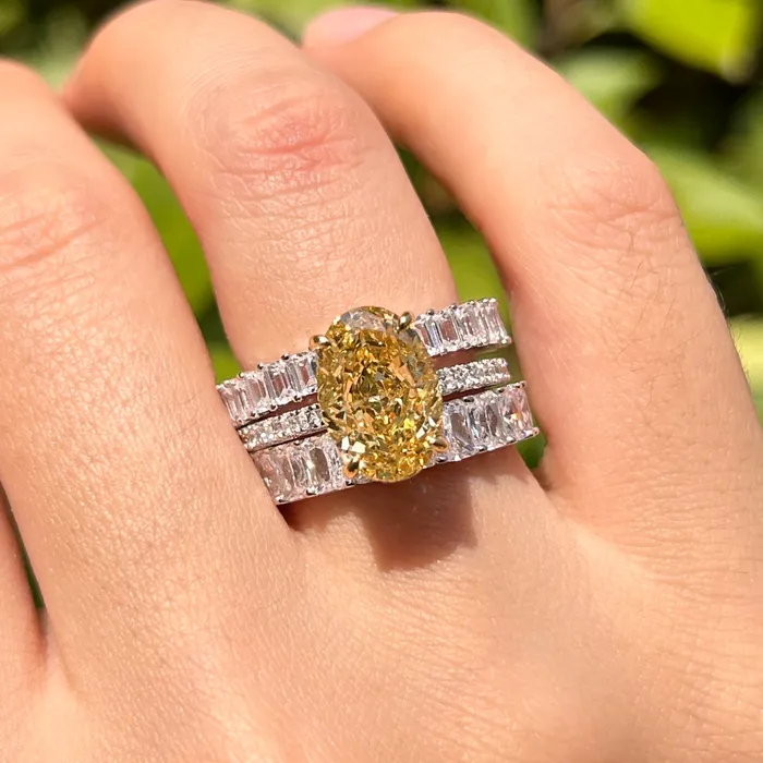 Rings Carly Jewelry 3 Pcs Yellow Oval Cut Sterling Silver Bridal Set