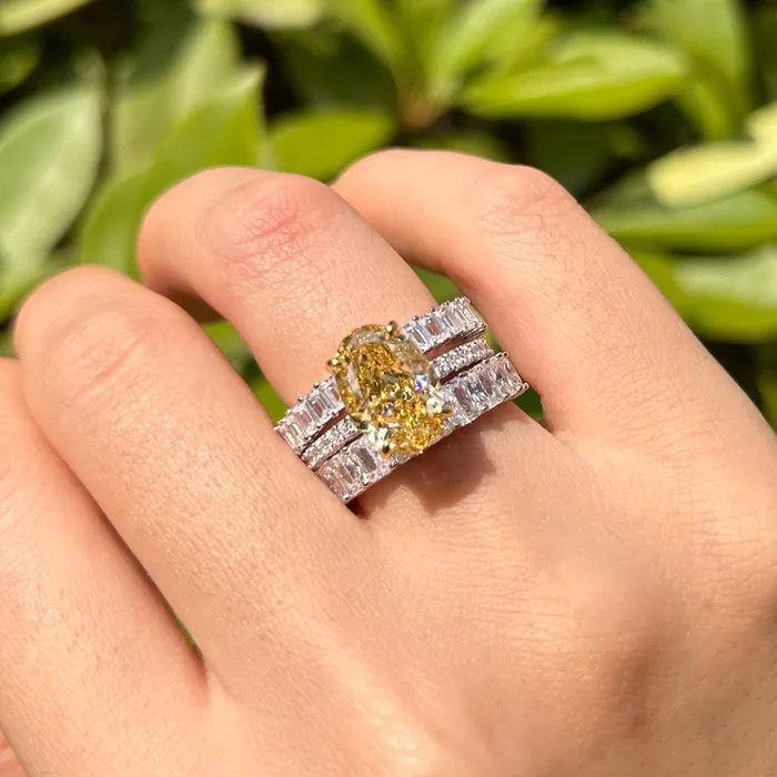 Rings Carly Jewelry 3 Pcs Yellow Oval Cut Sterling Silver Bridal Set
