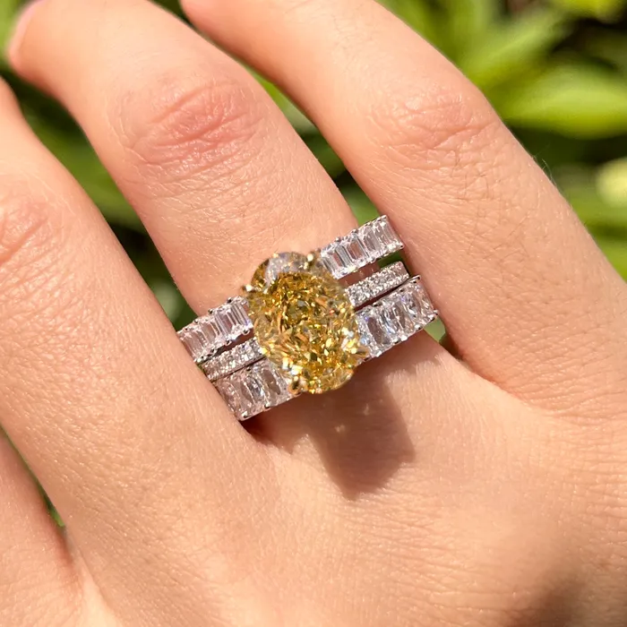 Rings Carly Jewelry 3 Pcs Yellow Oval Cut Sterling Silver Bridal Set