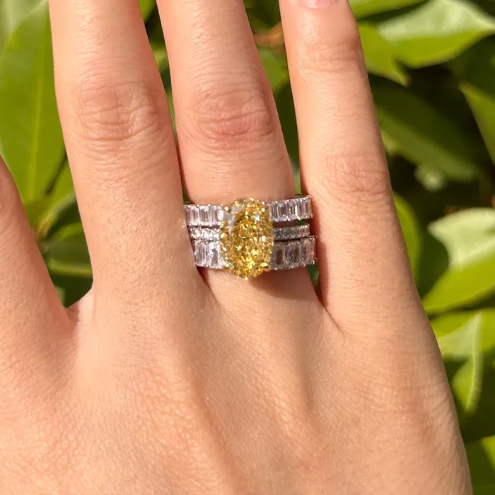 Rings Carly Jewelry 3 Pcs Yellow Oval Cut Sterling Silver Bridal Set