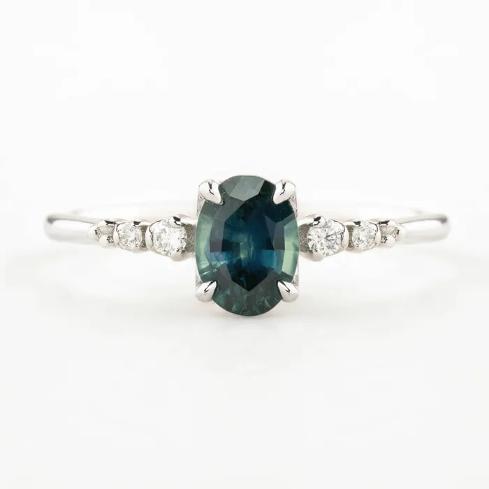 Rings Estel Fleur Four Prongs Ring 083ct Blue Green Montana Sapphire 14K White Gold One of a kind Envero Jewelry