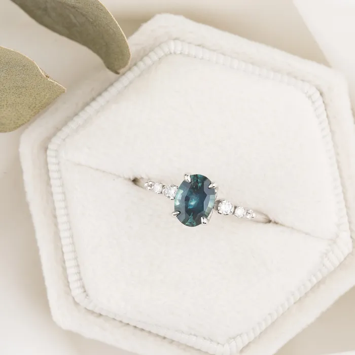 Rings Estel Fleur Four Prongs Ring 083ct Blue Green Montana Sapphire 14K White Gold One of a kind Envero Jewelry Rings Estel Fleur Four Prongs Ring 083ct Blue Green Montana Sapphire 14K White Gold One of a kind Envero Jewelry