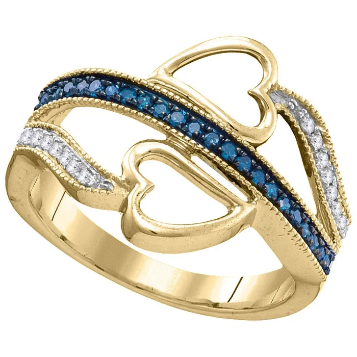 Rings mayamila 10kt Yellow Gold Womens Round Blue Color Enhanced Diamond Double Heart Love Ring 15 Cttw Rings mayamila 10kt Yellow Gold Womens Round Blue Color Enhanced Diamond Double Heart Love Ring 15 Cttw