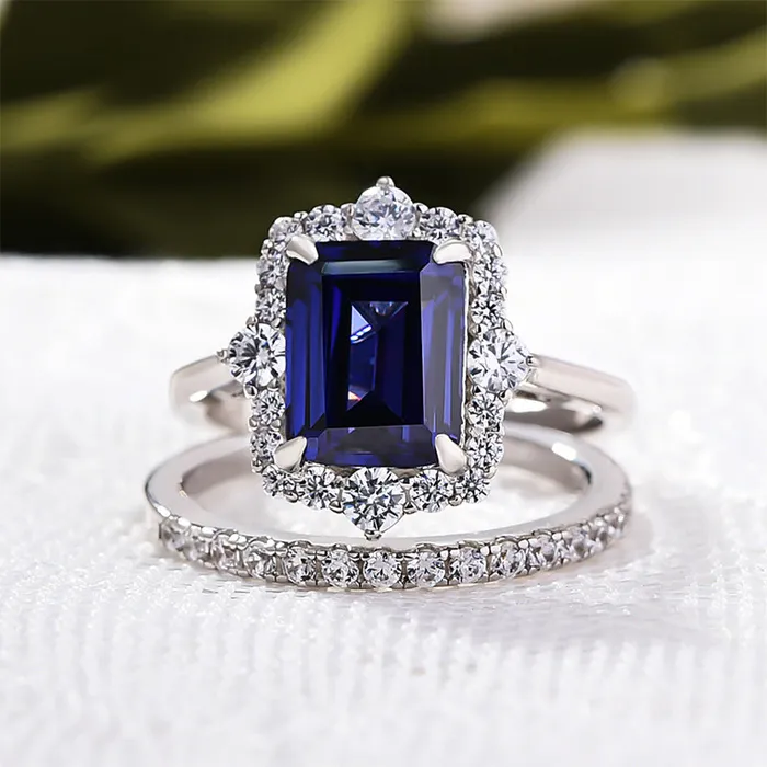 Rings Shineofdiamond 2pcs Halo Blue Emerald Cut Bridal Set Rings In Sterling Silver Rings Shineofdiamond 2pcs Halo Blue Emerald Cut Bridal Set Rings In Sterling Silver