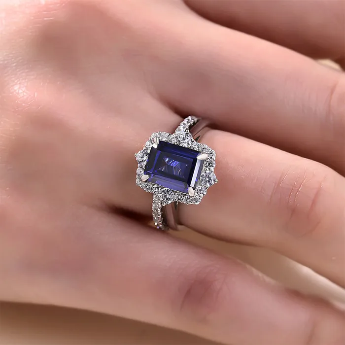 Rings Shineofdiamond 2pcs Halo Blue Emerald Cut Bridal Set Rings In Sterling Silver