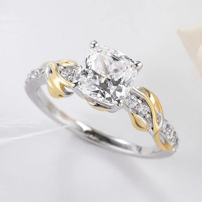 Rings Shineofidamond Vine Cushion Cut Golded TwoTone Sterling Silver Engagement Ring Rings Shineofidamond Vine Cushion Cut Golded TwoTone Sterling Silver Engagement Ring