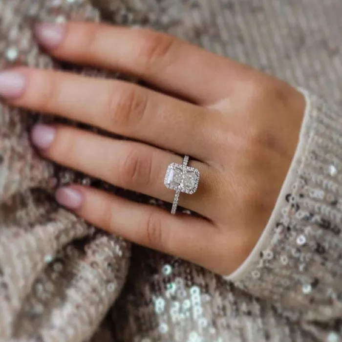 Shineofdiamond Rings Elegant Hidden Halo Radiant Cut Sterling Silver Engagement Ring