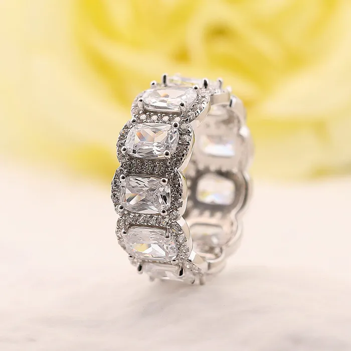 Shineofdiamond Rings Exquisite Cushion Cut Halo Wedding Band In Sterling Silver