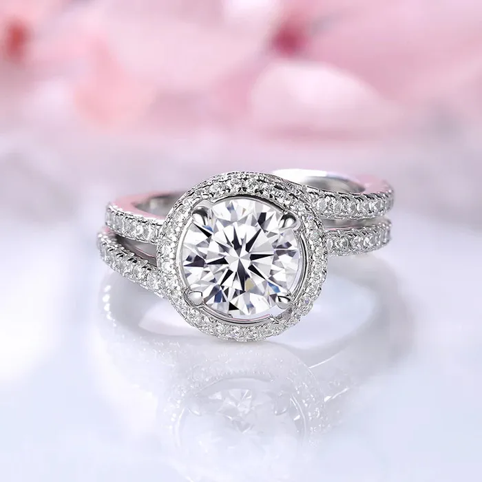 Shineofdiamond Stunning Round Cut Halo Insert Bridal Ring Set In Sterling Silver Rings