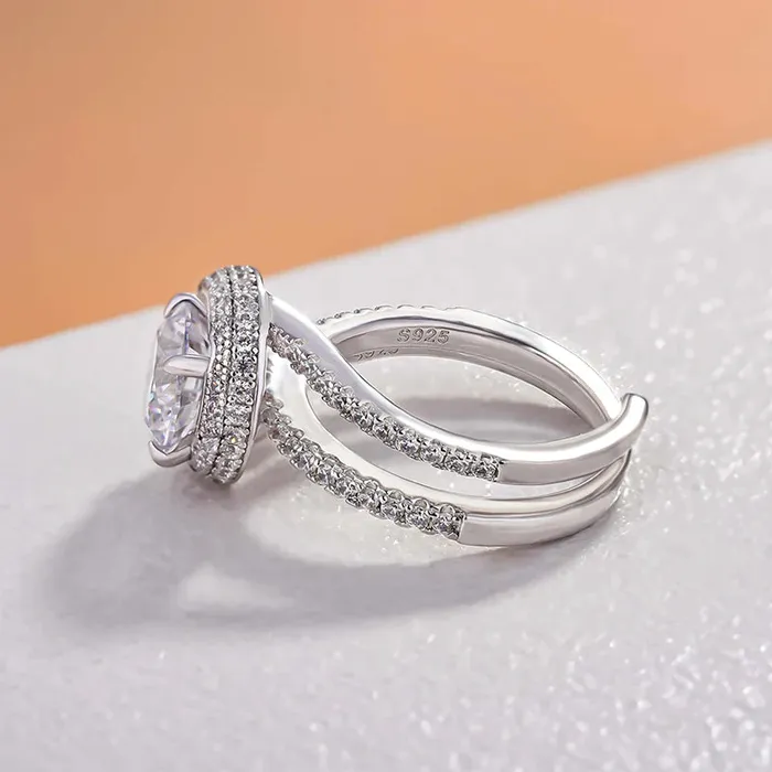 Shineofdiamond Stunning Round Cut Halo Insert Bridal Ring Set In Sterling Silver Rings