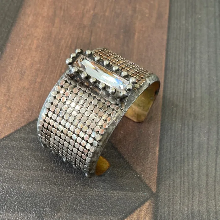 Silver Mesh cuff with Swarovski crystal Mikal Winn Earrings