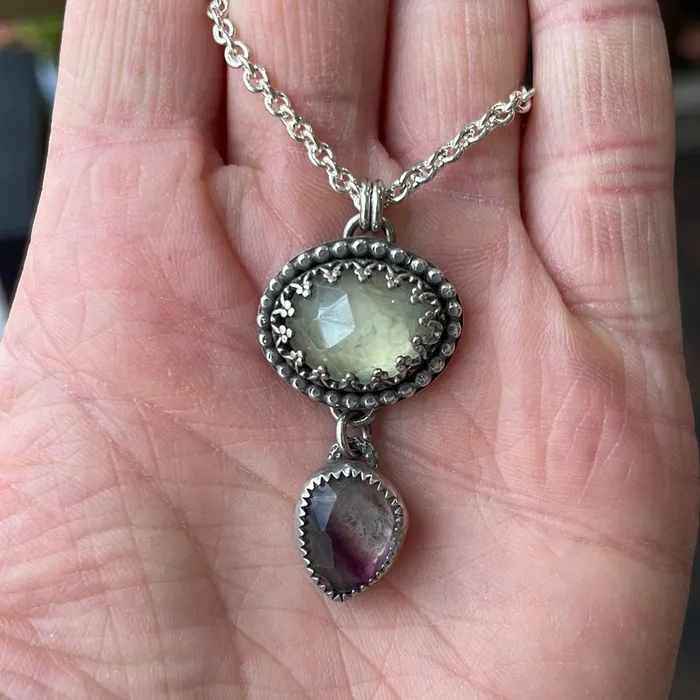 Silver Moon Alchemy Necklaces Prehnite and Fluorite Pendant Silver Moon Alchemy Necklaces Prehnite and Fluorite Pendant