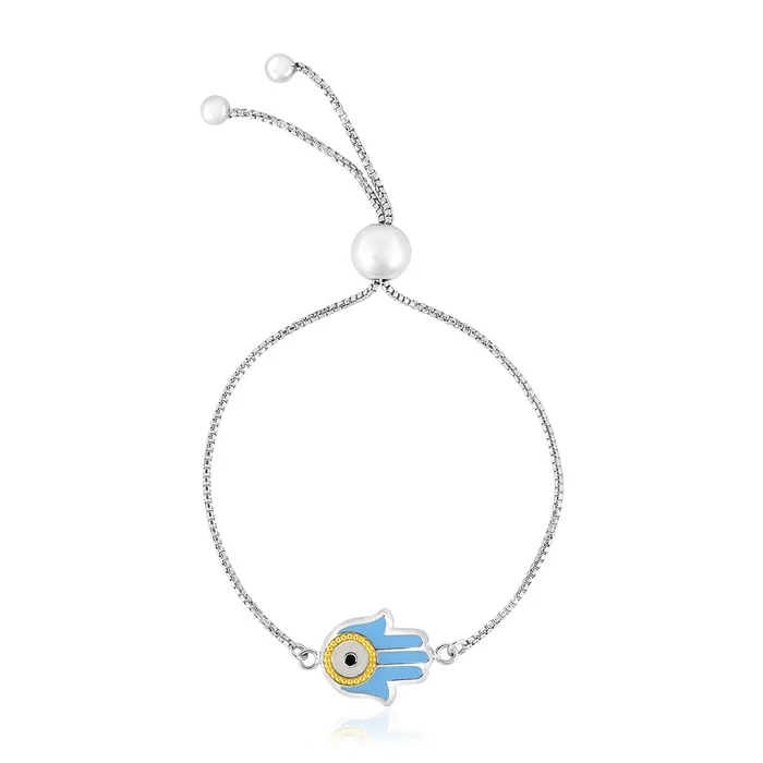 Sterling Silver Adjustable Two Toned Enameled Hand of Hamsa Friendship Bracelet MayaMila Bracelets Sterling Silver Adjustable Two Toned Enameled Hand of Hamsa Friendship Bracelet MayaMila Bracelets