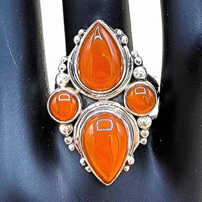 Two Tiered Crystal Ring Carnelian Sterling Silver Graced by Brunette Rings