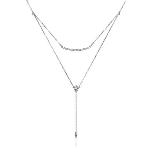 14K White Gold Layered Curved Bar and Diamond Drop Y Necklace GABRIEL CO Necklaces 14K White Gold Layered Curved Bar and Diamond Drop Y Necklace GABRIEL CO Necklaces