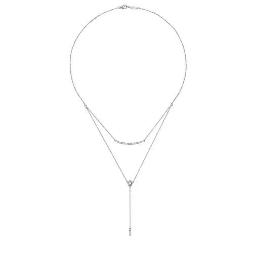14K White Gold Layered Curved Bar and Diamond Drop Y Necklace GABRIEL CO Necklaces 14K White Gold Layered Curved Bar and Diamond Drop Y Necklace GABRIEL CO Necklaces