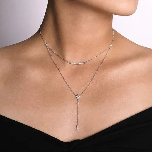 14K White Gold Layered Curved Bar and Diamond Drop Y Necklace GABRIEL CO Necklaces 14K White Gold Layered Curved Bar and Diamond Drop Y Necklace GABRIEL CO Necklaces