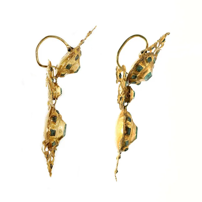 18th Century Iberian Gold Emerald Lazo Drop Earrings Bell Bird Antiques Earrings