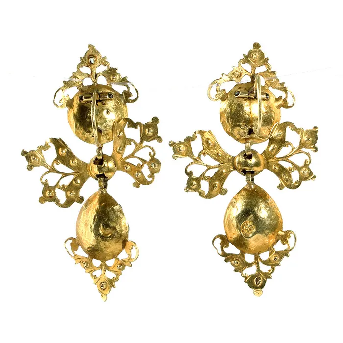 18th Century Iberian Gold Emerald Lazo Drop Earrings Bell Bird Antiques Earrings