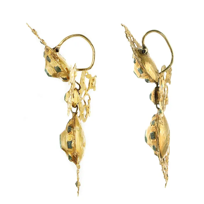 18th Century Iberian Gold Emerald Lazo Drop Earrings Bell Bird Antiques Earrings