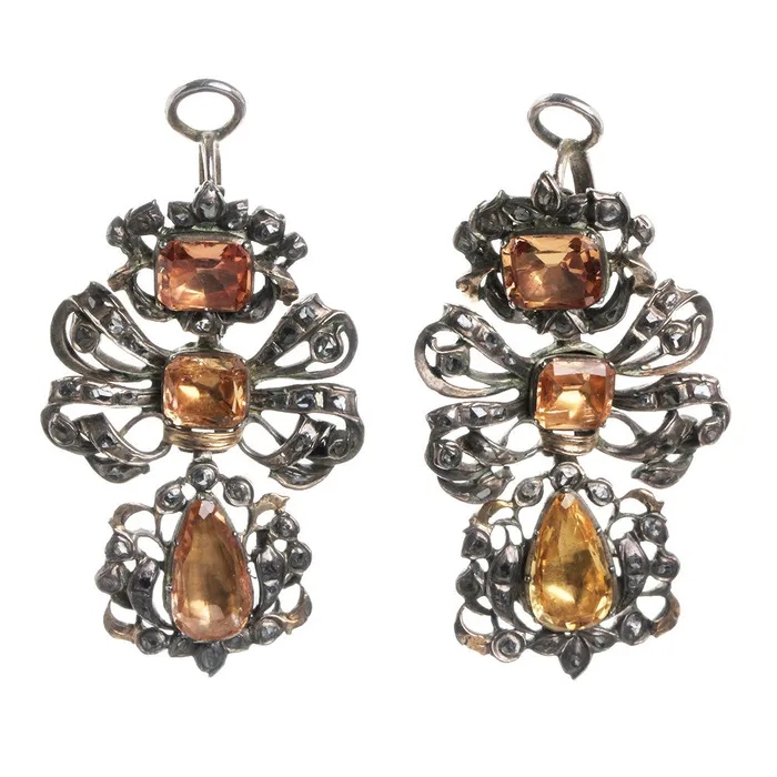 18th Century Topaz and Diamond Pendeloque Earrings Bell Bird Antiques Earrings 18th Century Topaz and Diamond Pendeloque Earrings Bell Bird Antiques Earrings