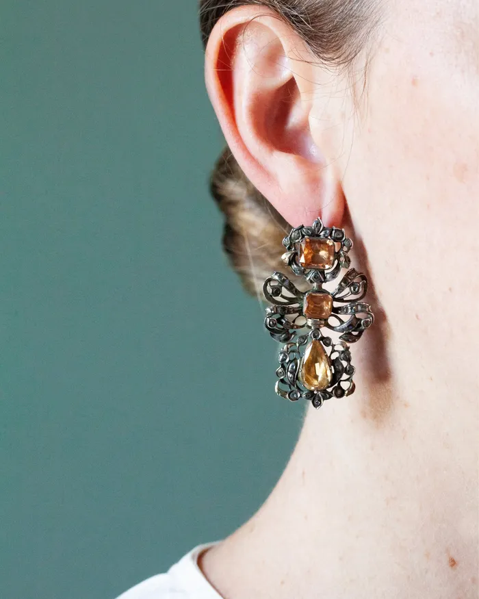 18th Century Topaz and Diamond Pendeloque Earrings Bell Bird Antiques Earrings