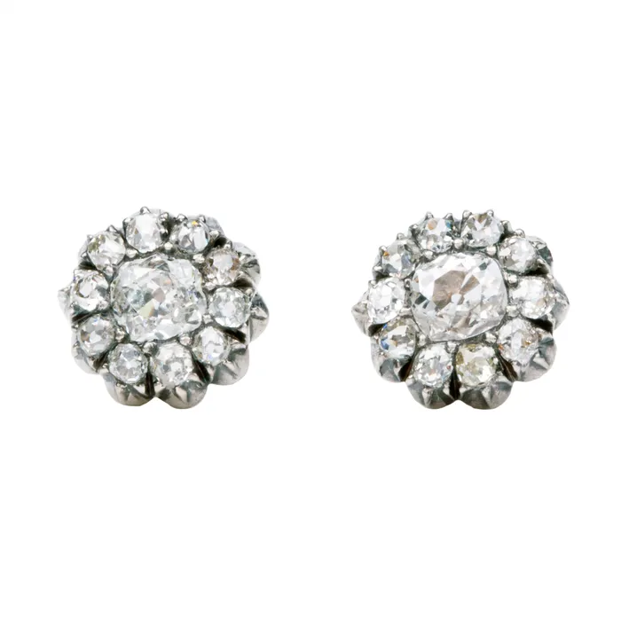 19th Century Diamond Cluster Earrings Bell Bird Antiques Earrings