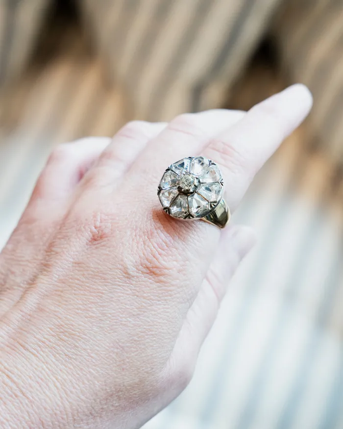 19th Century Paste Cluster Ring Bell Bird Antiques Rings
