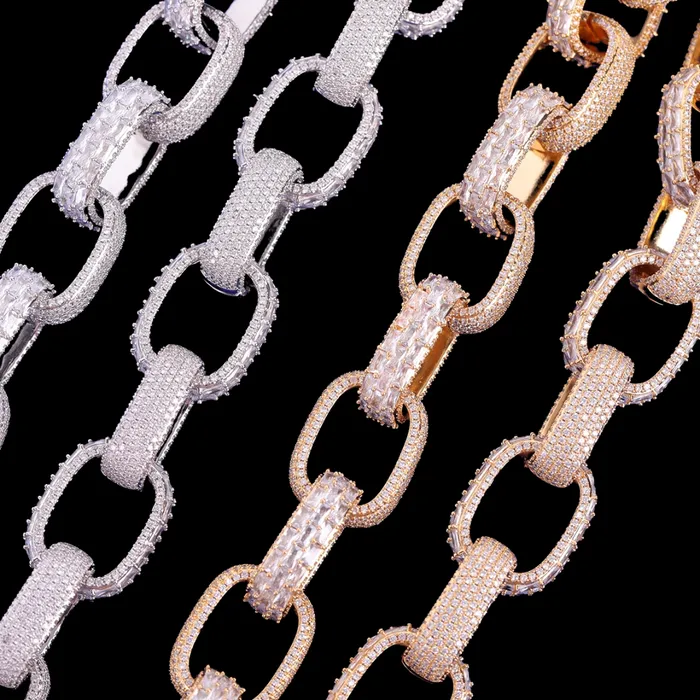 20MM Baguette and Stones Box Link Iced Out Diamond Necklace Chain Box Link Necklaces
