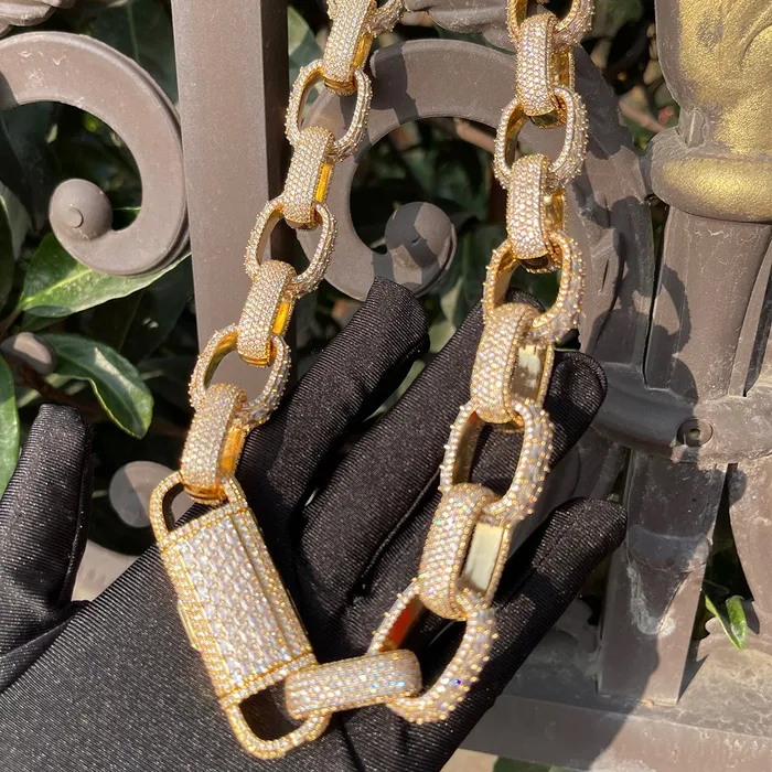 20MM Baguette and Stones Box Link Iced Out Diamond Necklace Chain Box Link Necklaces