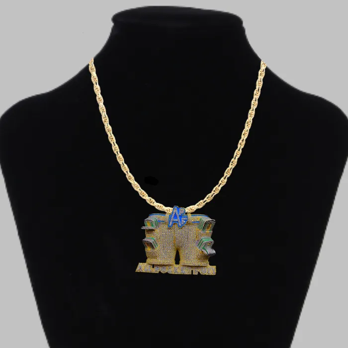 ALL POCKET FULL Necklaces APF All Pocket Full Money Iced Out Letter Diamond Pendant Necklace