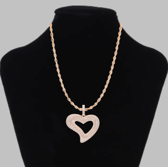 Baguette Heart Iced Out Diamond Pendant Necklace HEART Necklaces