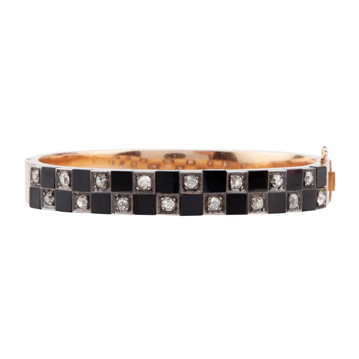 Bell Bird Antiques Bracelets Victorian era Onyx and Diamond Checkered Bangle